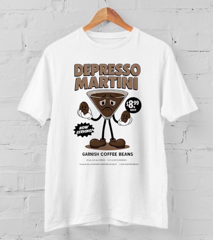 Depresso Martini Garnish Coffee Beans Cartoon Sad Face T-Shirt
