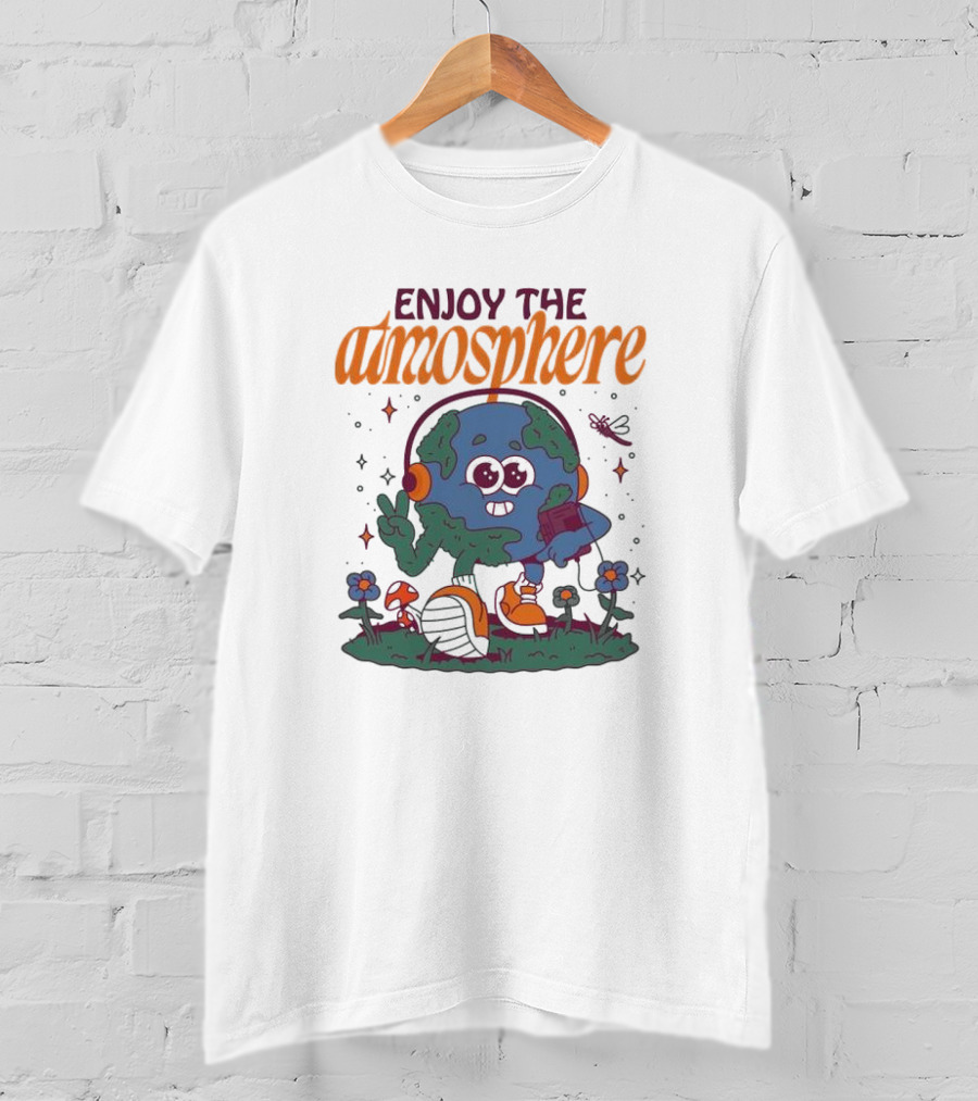 Enjoy The Atmosphere Planet Earth Headphones Peace Flowers T-Shirt