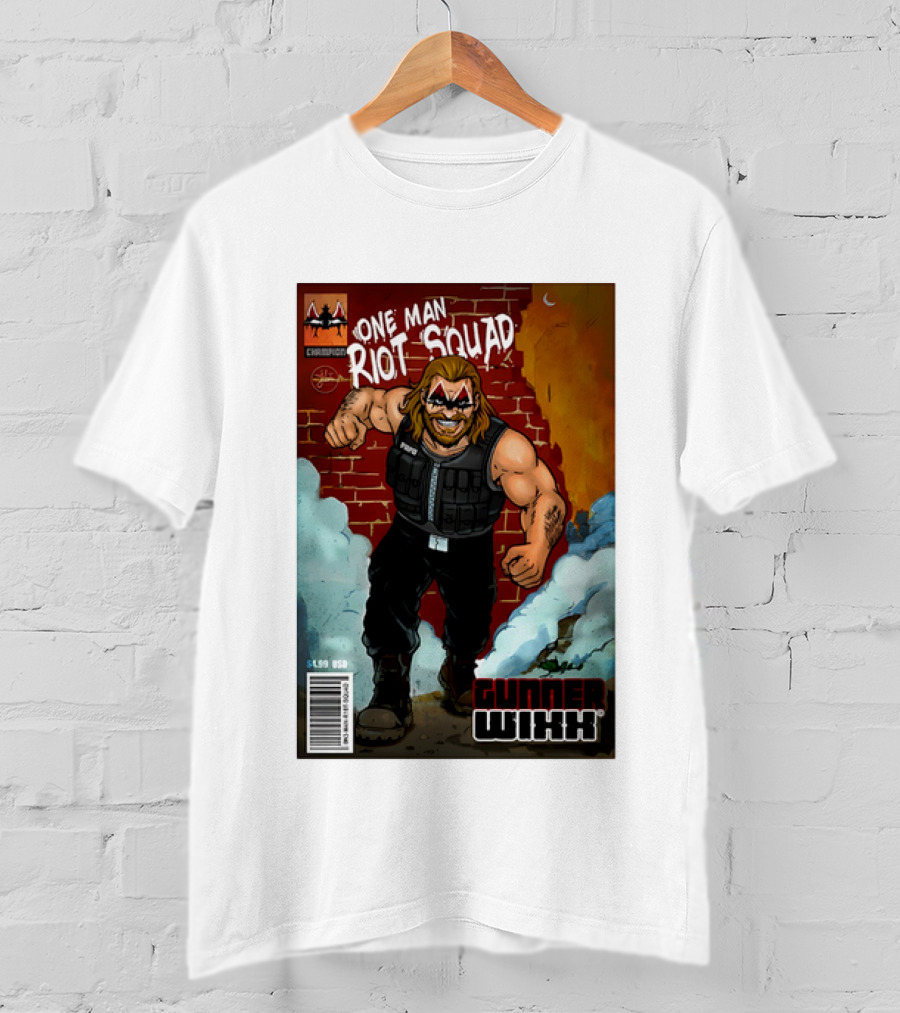 One Man Riot Squad Comic Cover Gunner Wixx Face Paint Featuring Champion Branding T-Shirt