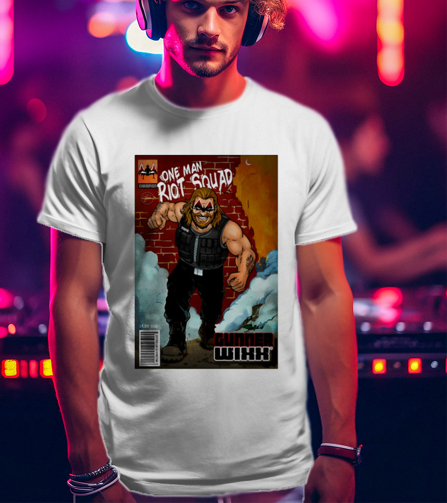 One Man Riot Squad Comic Cover Gunner Wixx Face Paint Featuring Champion Branding T-Shirt