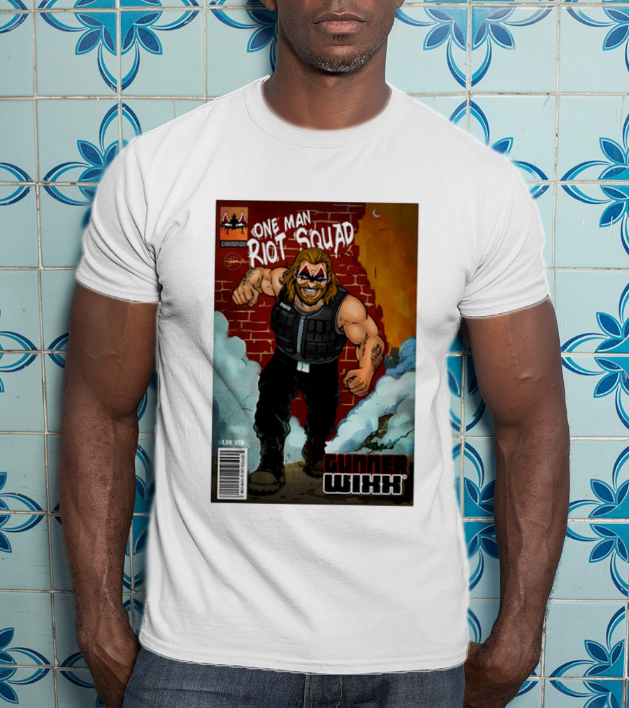 One Man Riot Squad Comic Cover Gunner Wixx Face Paint Featuring Champion Branding T-Shirt