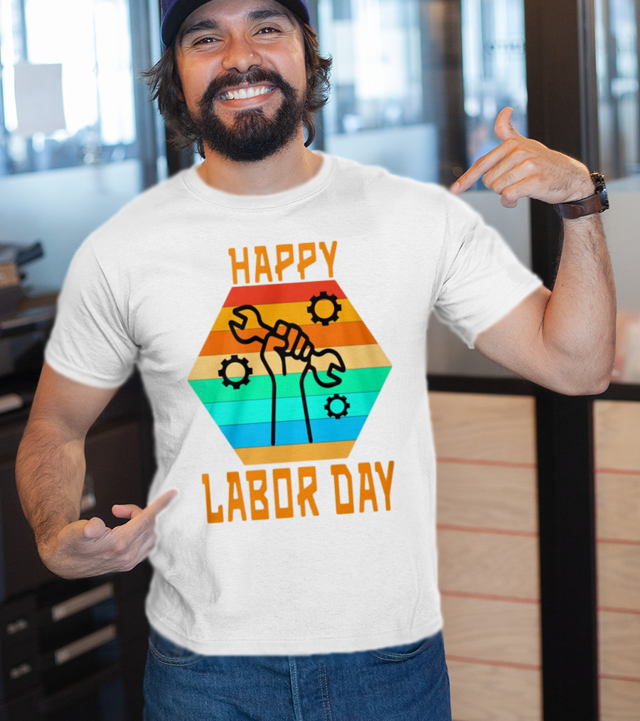 Colorful Wrench Fist Gear Happy Labor Day T-Shirt