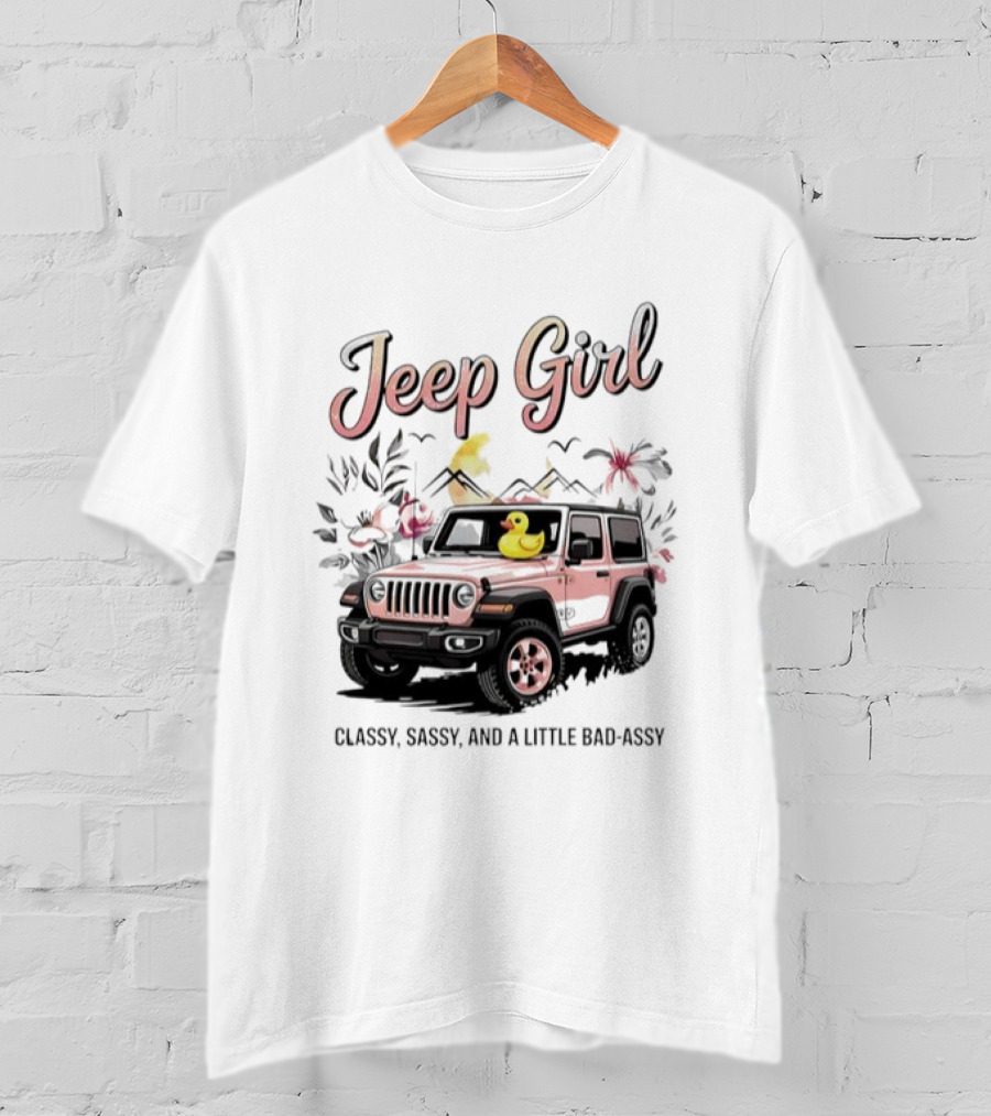 Jeep Girl Classy Sassy And Little Bad-Assy Pink Jeep Rubber Duck Floral Bunnies T-Shirt