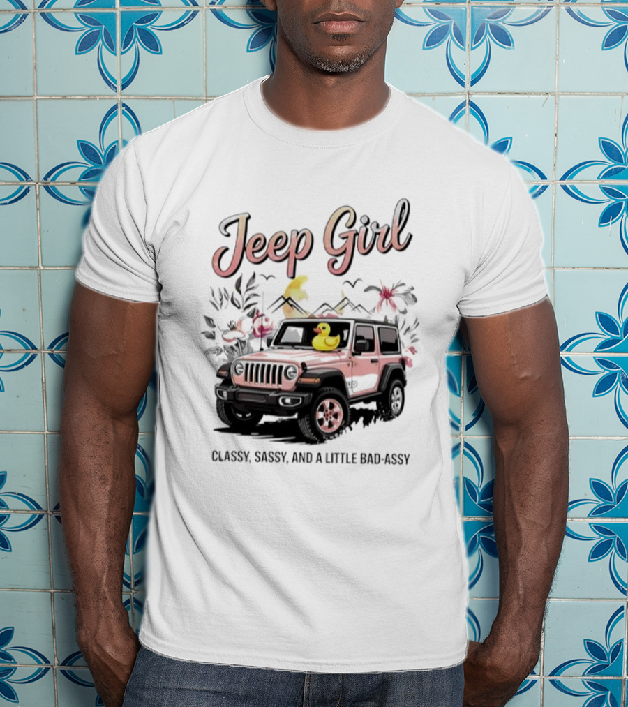 Jeep Girl Classy Sassy And Little Bad-Assy Pink Jeep Rubber Duck Floral Bunnies T-Shirt