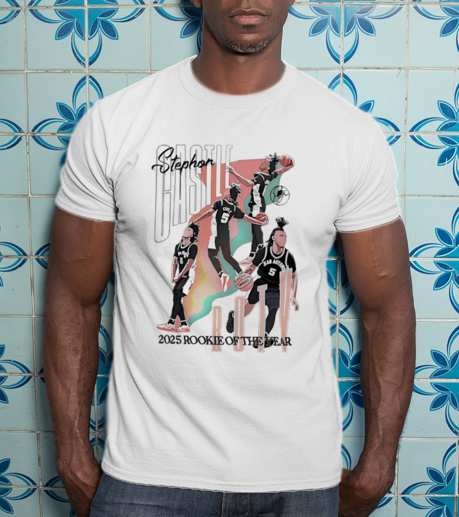 Stephon Castle San Antonio Spurs ROTY 2025 Rookie Of The Year Basketball Motion Stripes T-Shirt