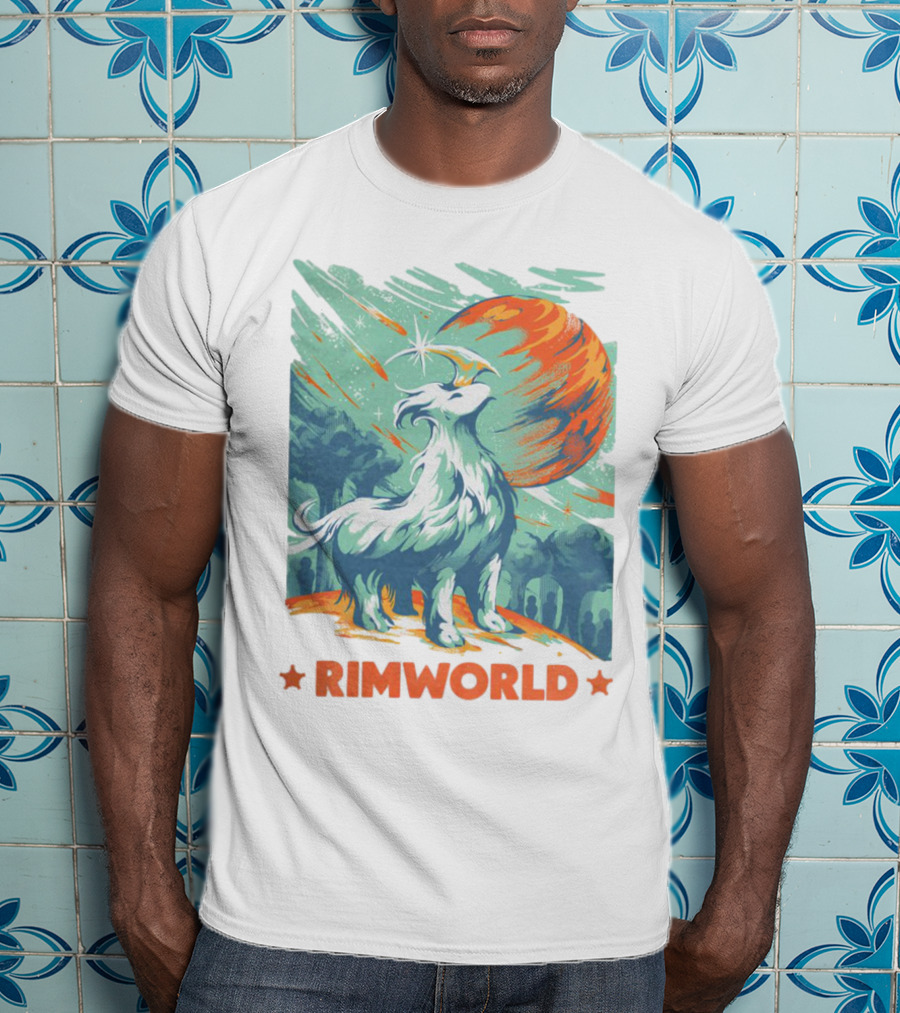 RimWorld Wisest Creature Celestial Spirit Wolf Planetary Backdrop T-Shirt