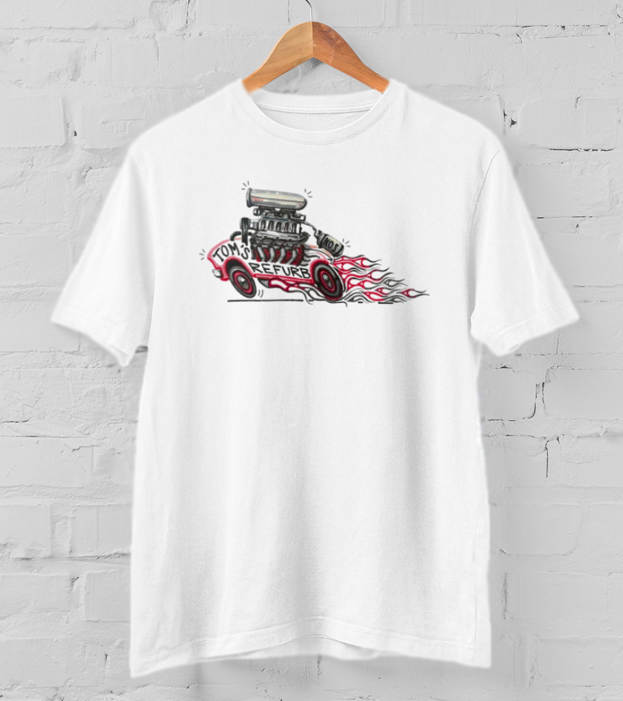 Tom’s Refurb Hot Rod Car Illustration Flames And Engine Art T-Shirt