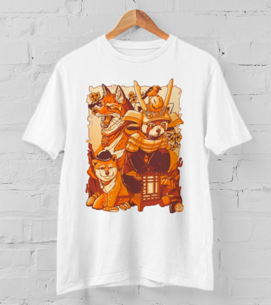 Tenhun Orange Fuzz Fox And Samurai Red Panda With Lantern T-Shirt