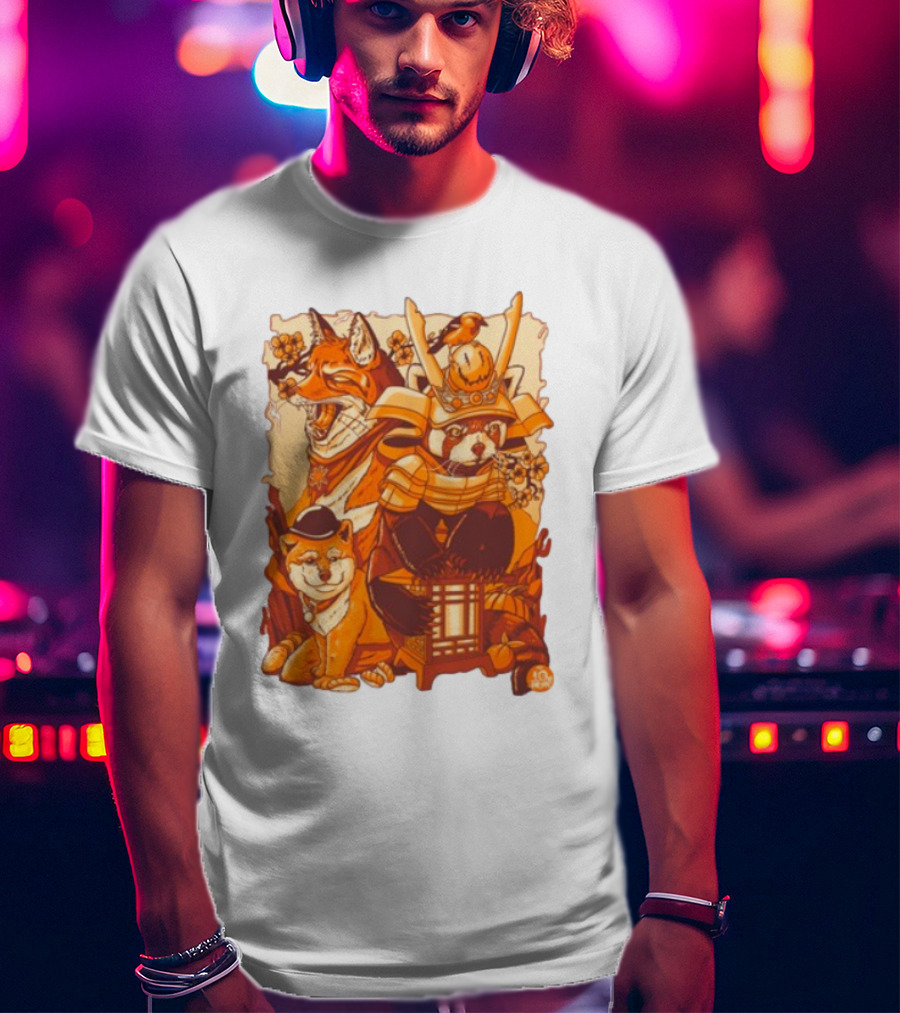 Tenhun Orange Fuzz Fox And Samurai Red Panda With Lantern T-Shirt