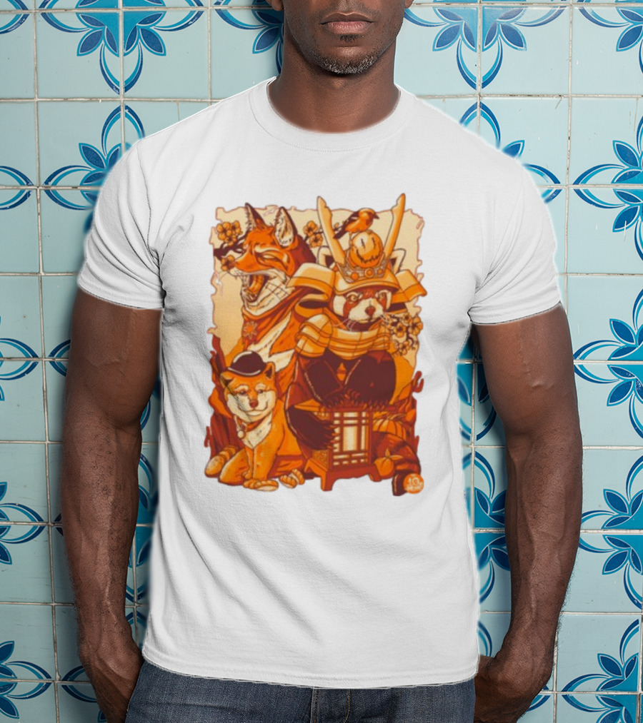 Tenhun Orange Fuzz Fox And Samurai Red Panda With Lantern T-Shirt
