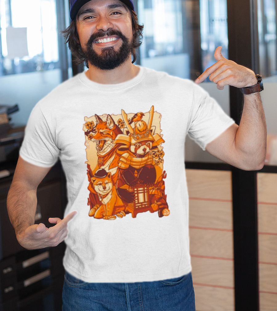 Tenhun Orange Fuzz Fox And Samurai Red Panda With Lantern T-Shirt