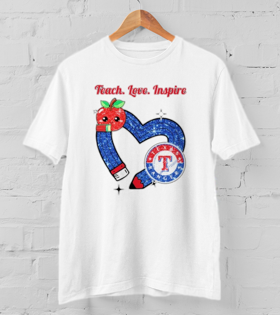 Texas Rangers Sparkling Heart Apple Pencil Teach Love Inspire T-Shirt
