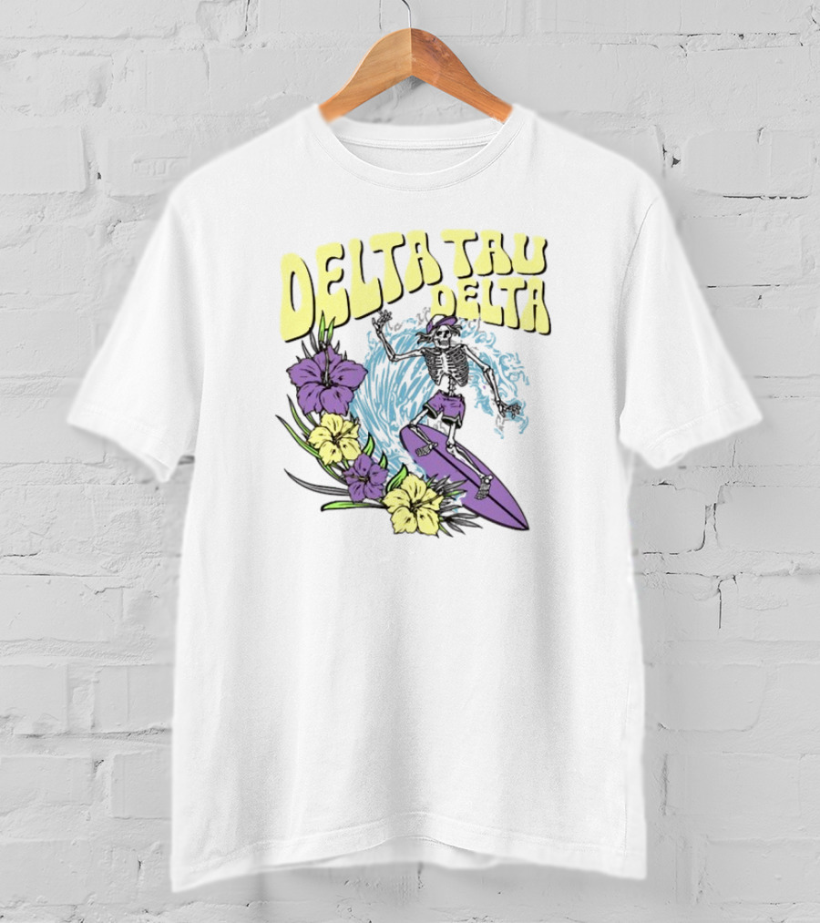 Delta Tau Delta Ride The Wave Skeleton Surfing With Floral Accents T-Shirt