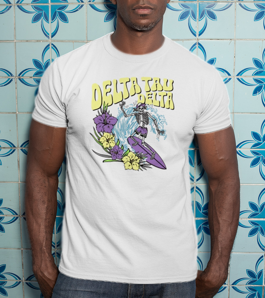 Delta Tau Delta Ride The Wave Skeleton Surfing With Floral Accents T-Shirt