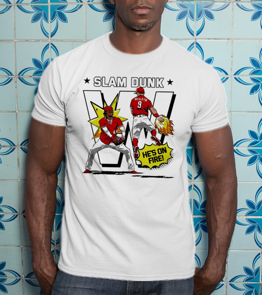 Slam Dunk Cincinnati Reds Elly De La Cruz And Matt McLain He’s On Fire T-Shirt