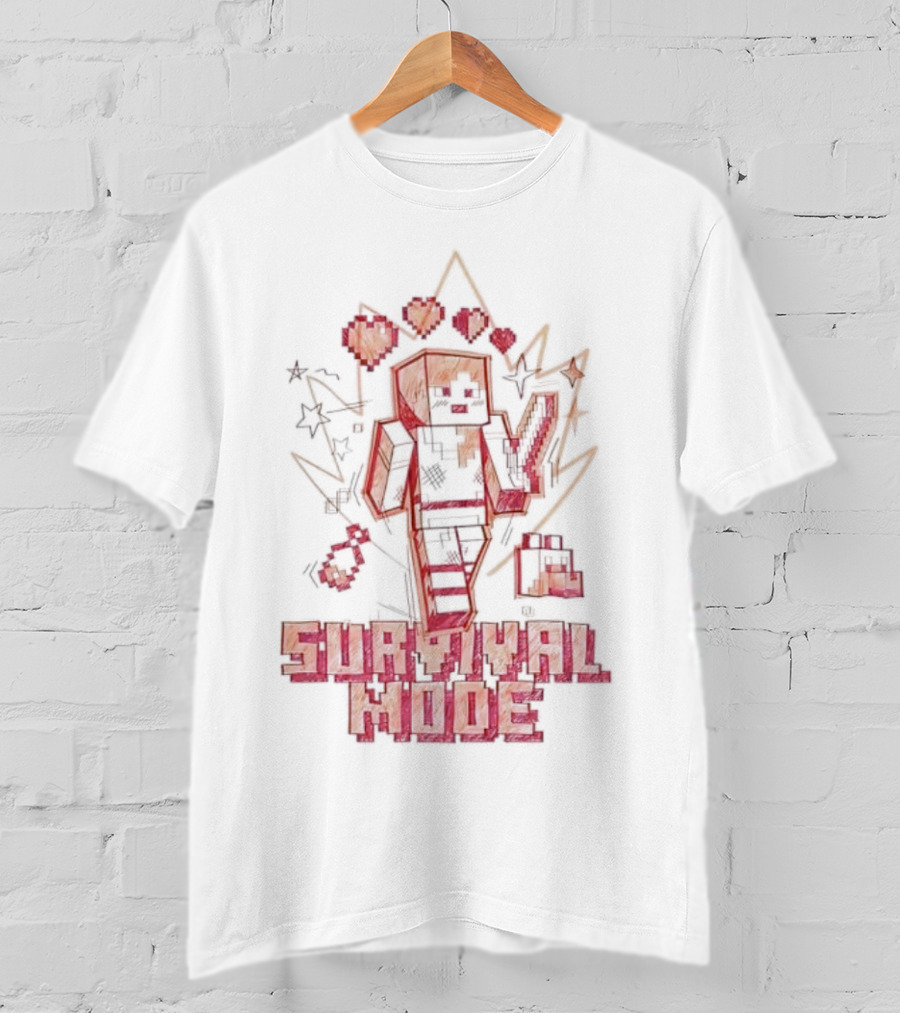 Survival Mode Game Pixel Art Character With Hearts And Tools T-Shirt