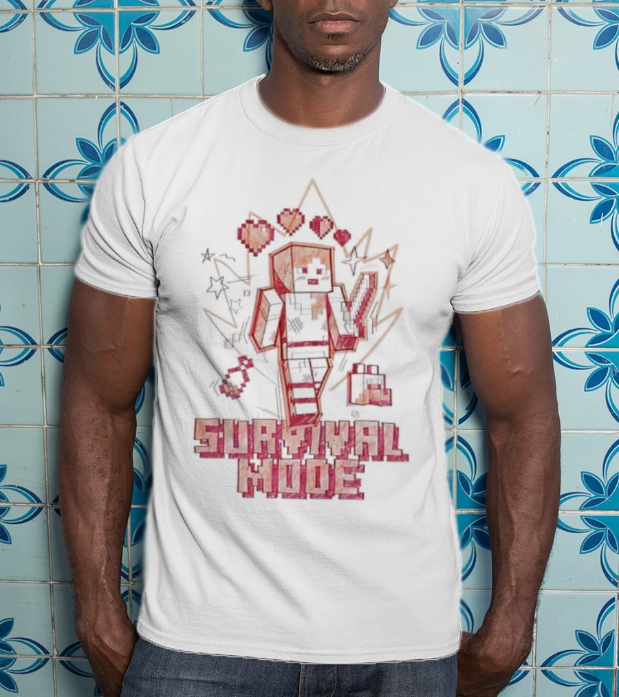 Survival Mode Game Pixel Art Character With Hearts And Tools T-Shirt