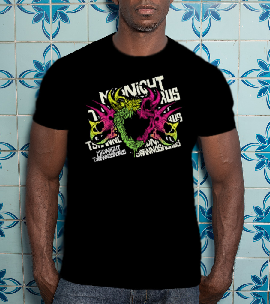 KT8 Midnight Tyrannosaurus Neon Pink Green Skull Illustration T-Shirt