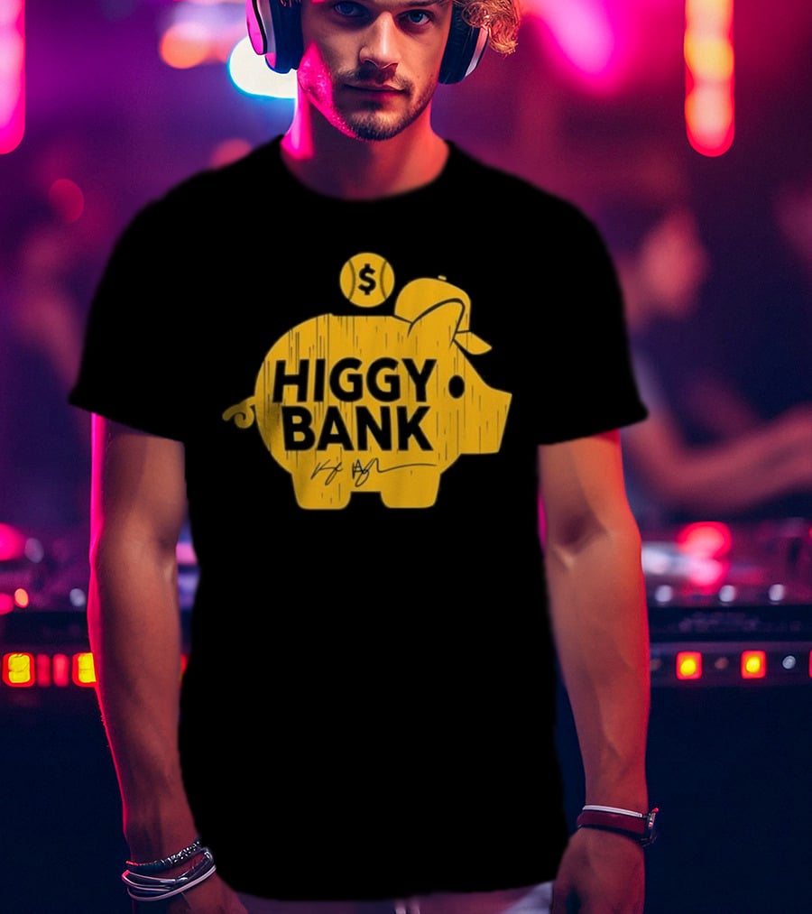 Higgy Bank Piggy Bank Graphic Baseball Theme With Signature And Dollar Sign T-Shirt
