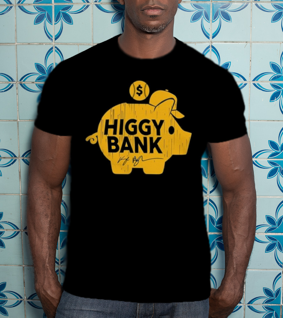Higgy Bank Piggy Bank Graphic Baseball Theme With Signature And Dollar Sign T-Shirt
