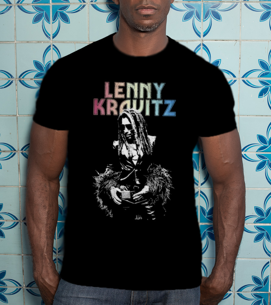 Lenny Kravitz Monochrome Portrait With Rainbow Letters T-Shirt