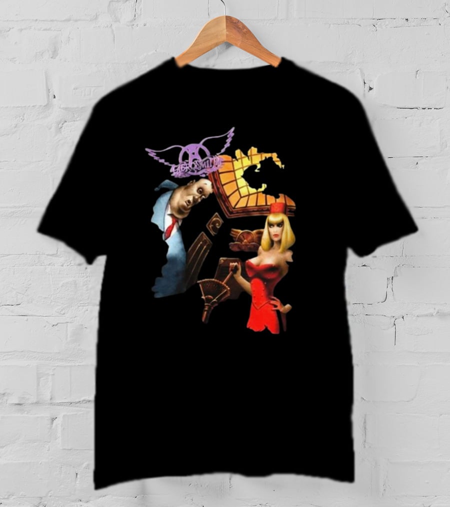 Aerosmith Love In An Elevator Cartoon Artwork With Woman In Red Dress And Man In Suit T-Shirt