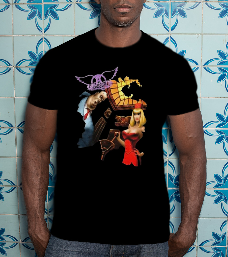 Aerosmith Love In An Elevator Cartoon Artwork With Woman In Red Dress And Man In Suit T-Shirt