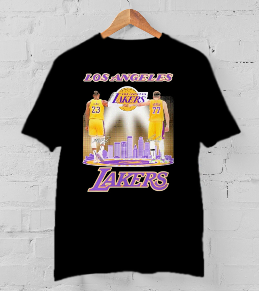 Los Angeles Lakers Luka Doncic Lebron James 23 77 City Skyline T-Shirt