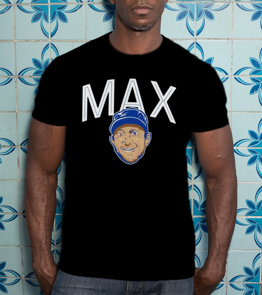 MAX Scherzer Blue Cap Smiling Face Illustration T-Shirt