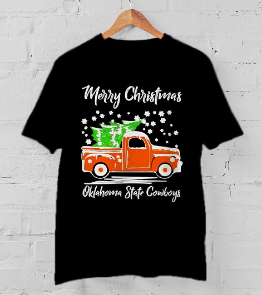 Merry Christmas Oklahoma State Cowboys Orange Truck Snowflakes Green Trees T-Shirt