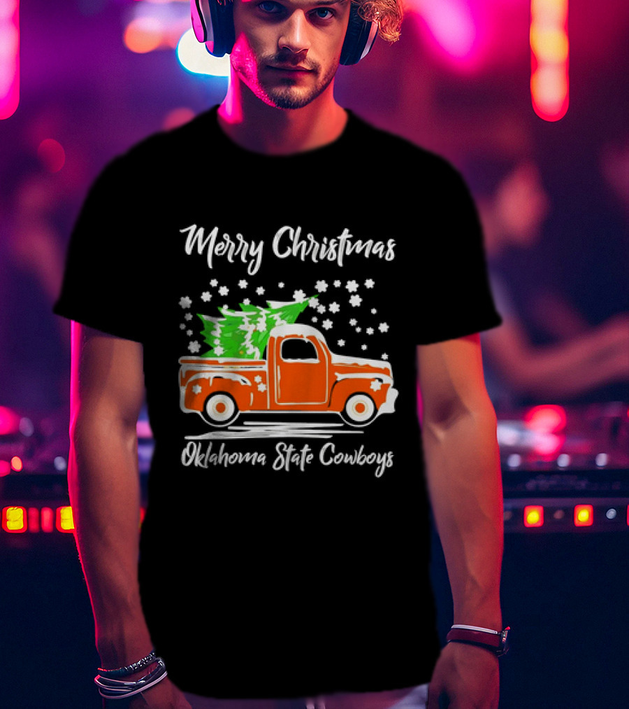 Merry Christmas Oklahoma State Cowboys Orange Truck Snowflakes Green Trees T-Shirt