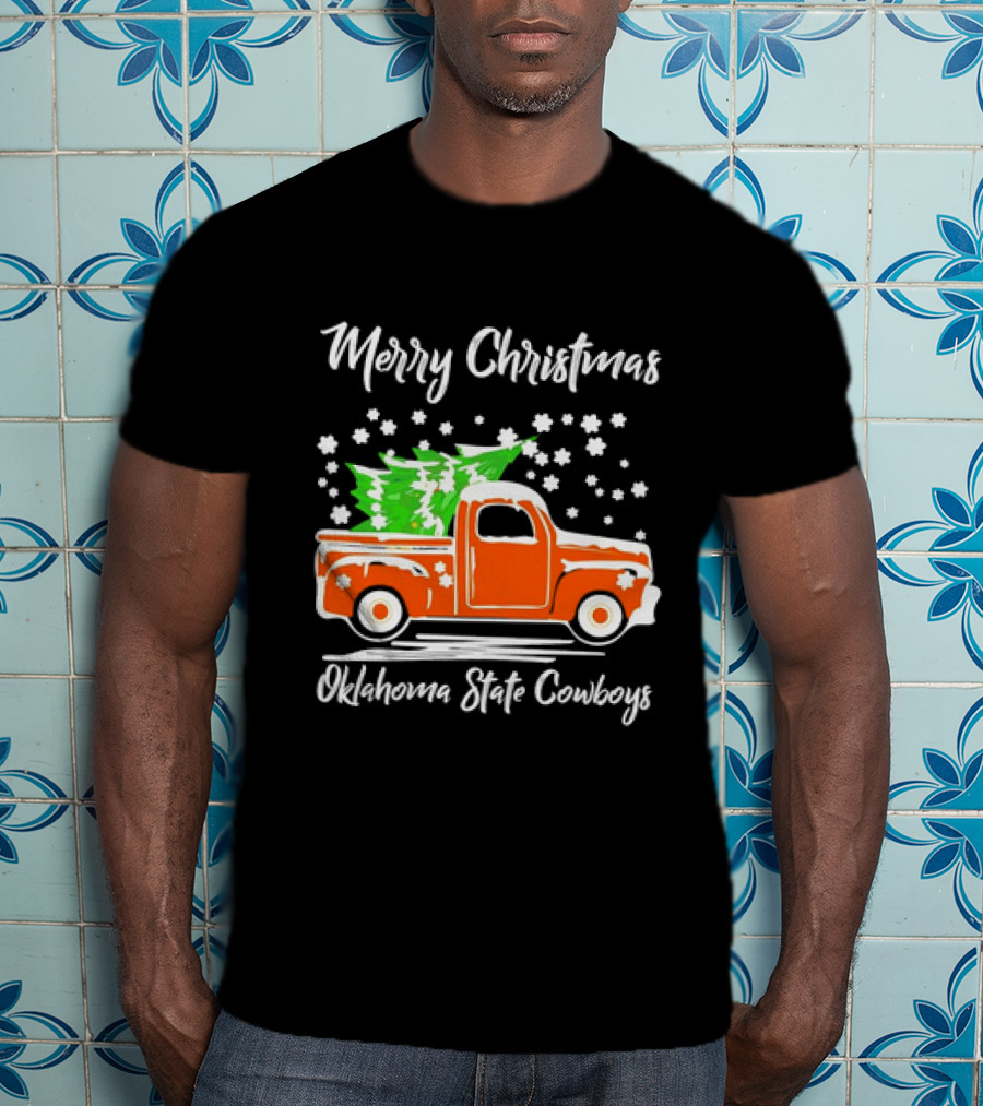 Merry Christmas Oklahoma State Cowboys Orange Truck Snowflakes Green Trees T-Shirt