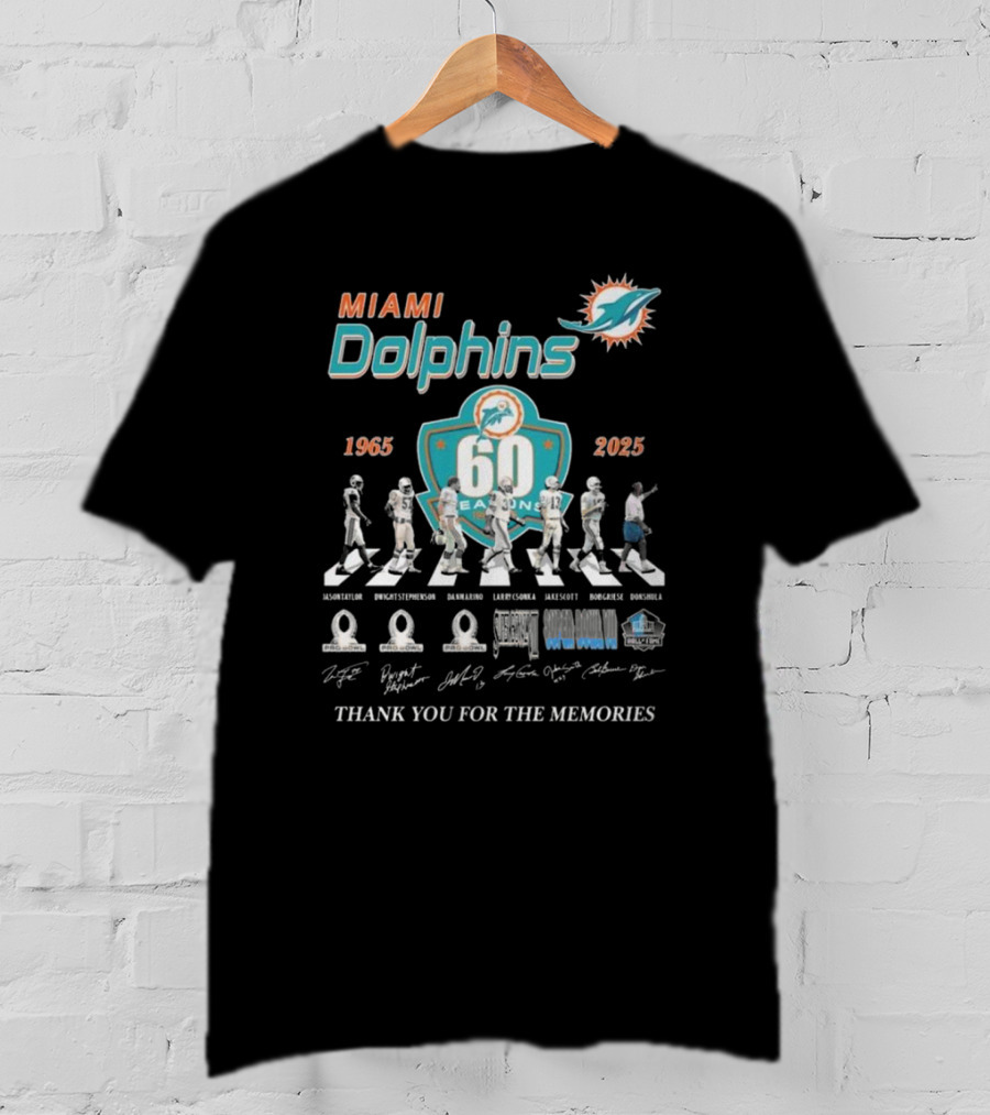 Miami Dolphins 60 Seasons 1965-2025 Thank You For The Memories Signatures T-Shirt