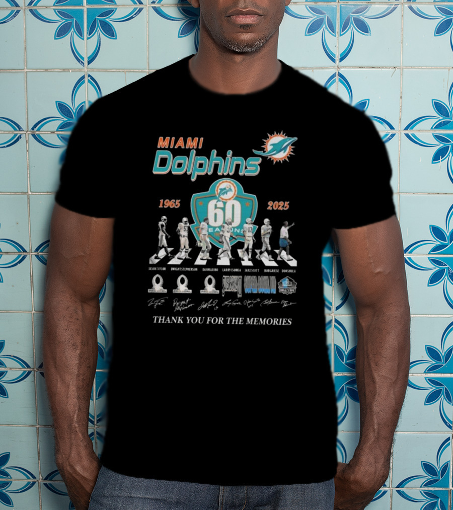 Miami Dolphins 60 Seasons 1965-2025 Thank You For The Memories Signatures T-Shirt