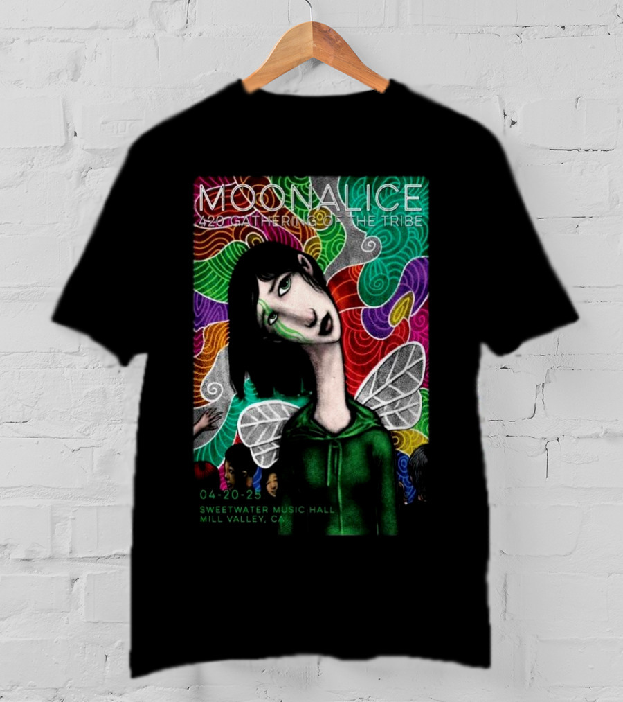 MOONALICE 420 Gathering Of The Tribe 04-20-2025 Sweetwater Music Hall Mill Valley CA Colorful Psychedelic Art With Winged Character T-Shirt