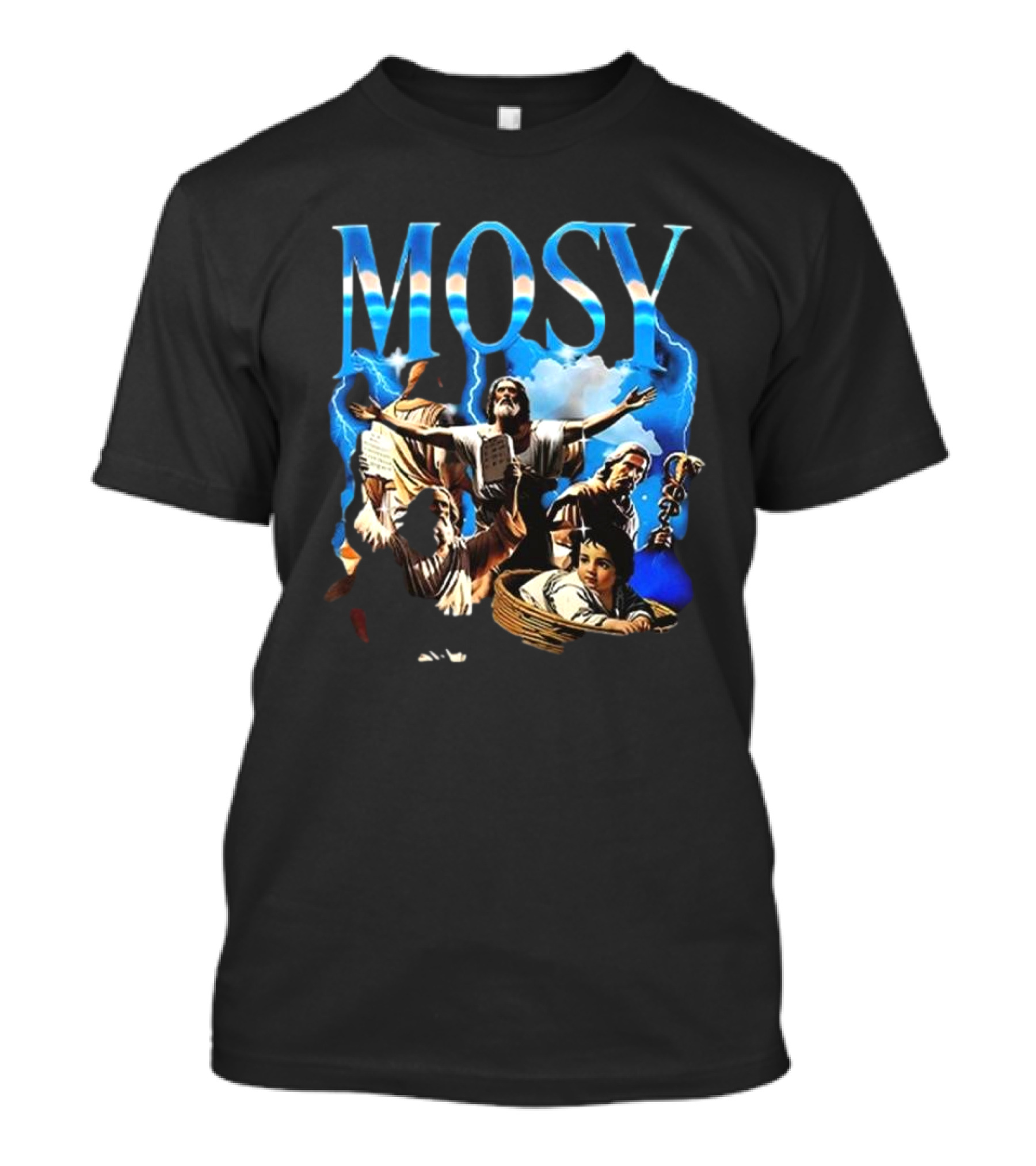 Mosy Moses Biblical Imagery With Lightning Clouds And Figures T-Shirt
