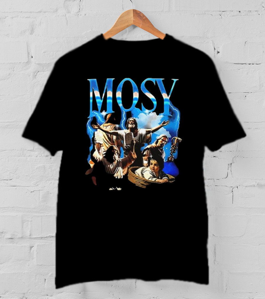 Mosy Moses Biblical Imagery With Lightning Clouds And Figures T-Shirt