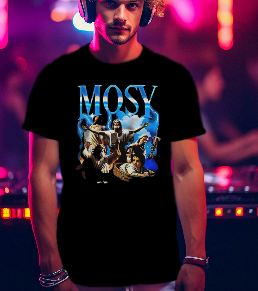 Mosy Moses Biblical Imagery With Lightning Clouds And Figures T-Shirt