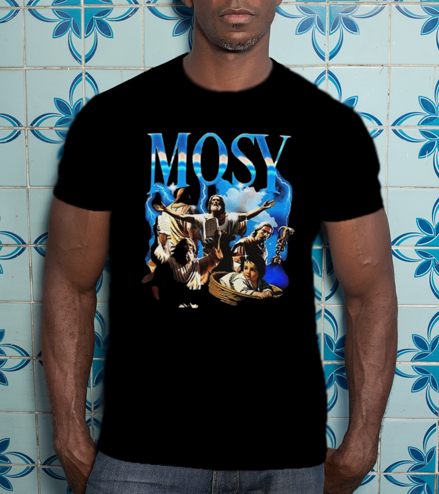 Mosy Moses Biblical Imagery With Lightning Clouds And Figures T-Shirt
