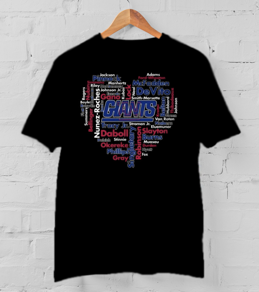 New York Giants Team Names Heart Word Cloud Fan Tribute T-Shirt