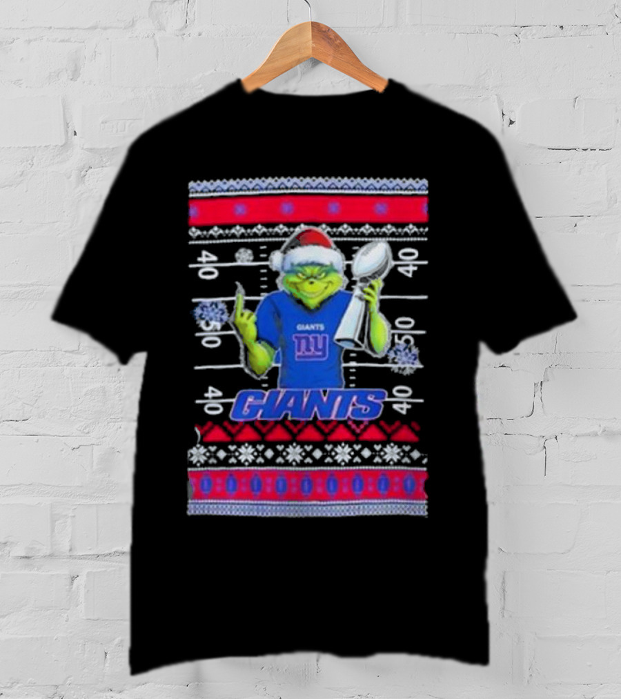 New York Giants Grinch Christmas With Lombardi Trophy Ugly Sweater T-Shirt