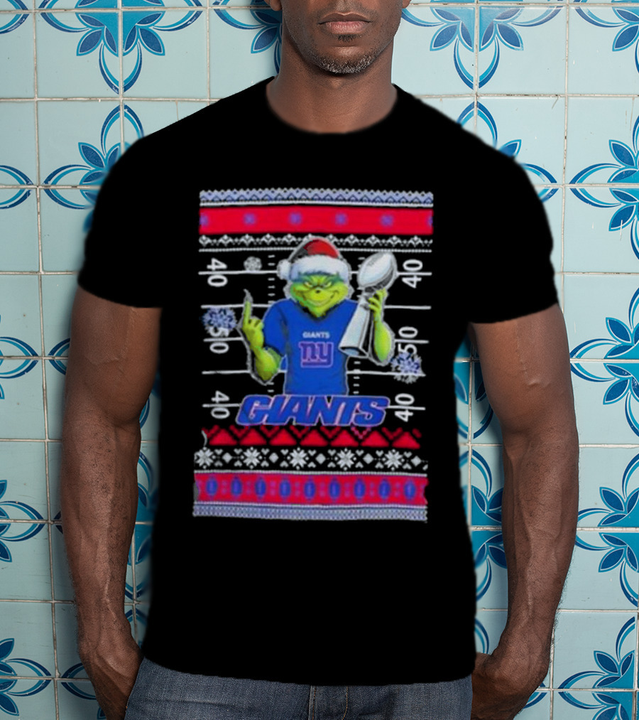 New York Giants Grinch Christmas With Lombardi Trophy Ugly Sweater T-Shirt