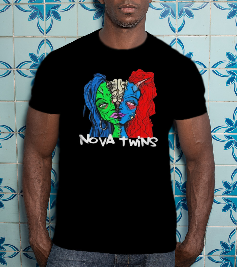 Nova Twins Monster Head Blue Green Red Hair Two-Faced Artwork T-Shirt