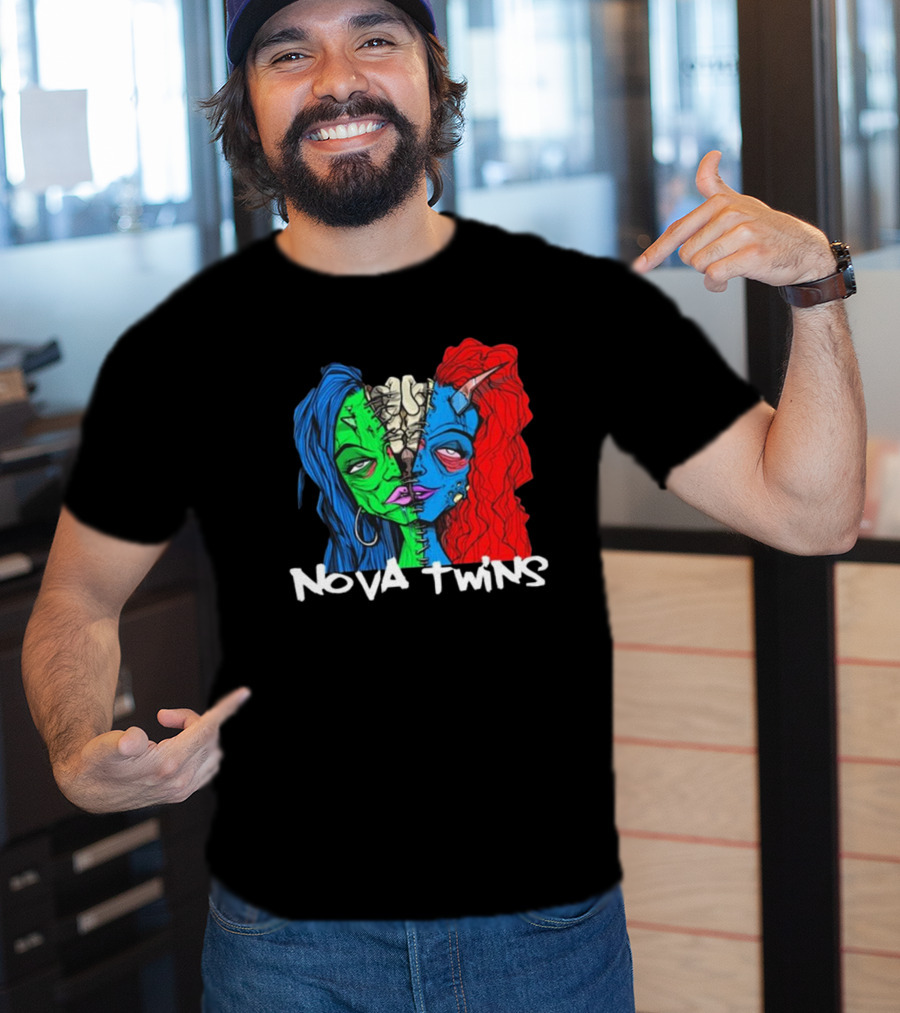 Nova Twins Monster Head Blue Green Red Hair Two-Faced Artwork T-Shirt