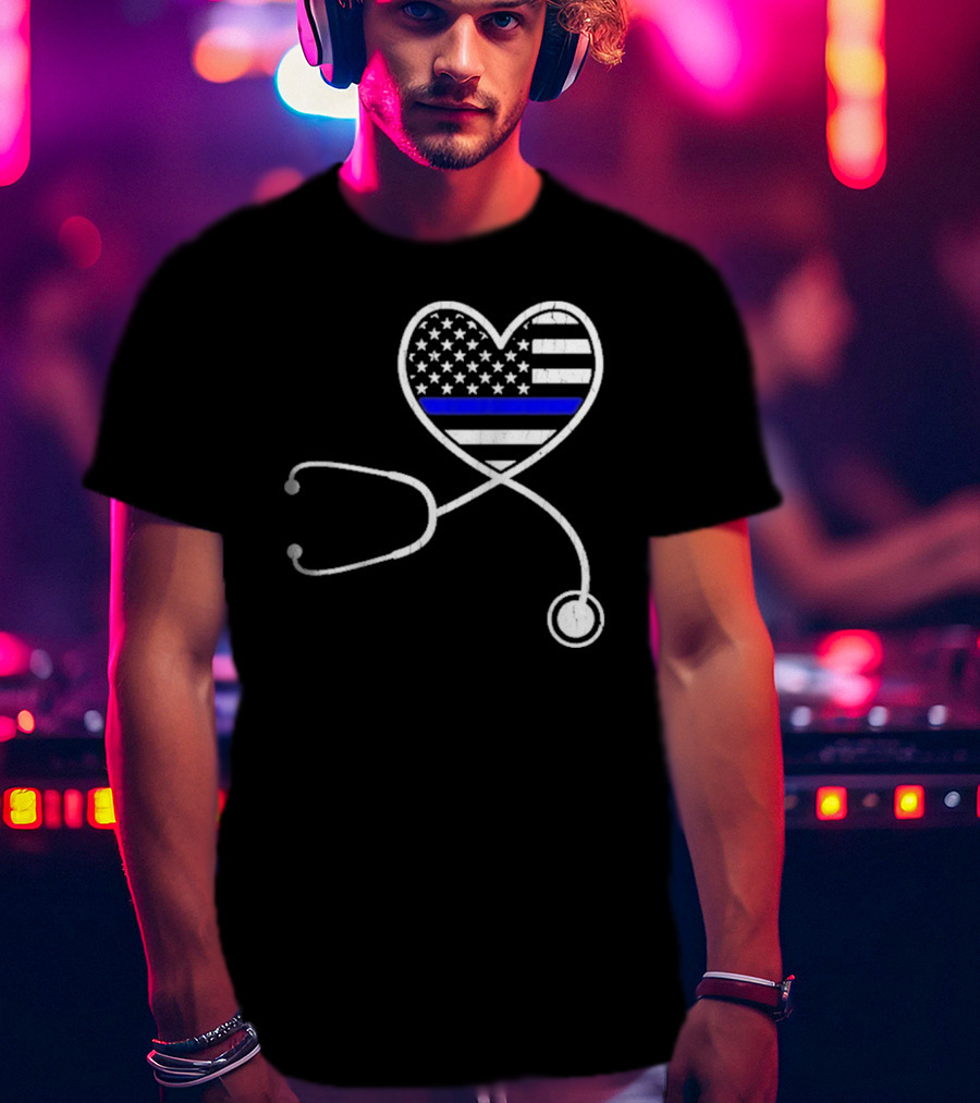 Nurse Life Police Wife American Flag Heart Stethoscope Blue Line T-Shirt