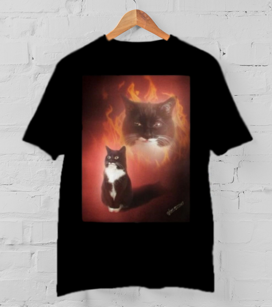 Olan Meows Black And White Cat Flames Retro Theme T-Shirt