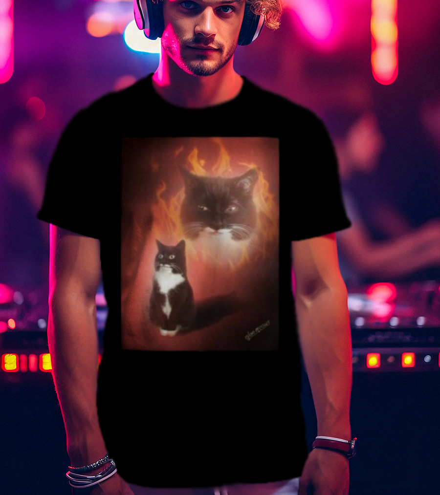 Olan Meows Black And White Cat Flames Retro Theme T-Shirt