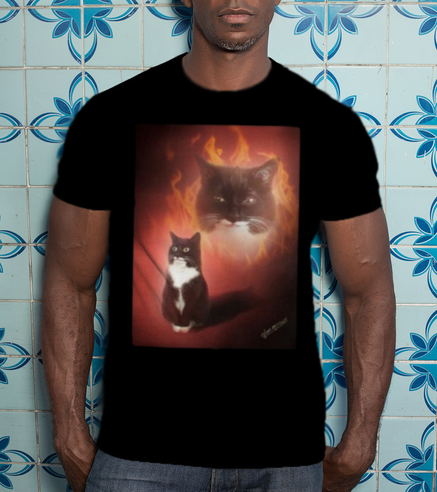 Olan Meows Black And White Cat Flames Retro Theme T-Shirt