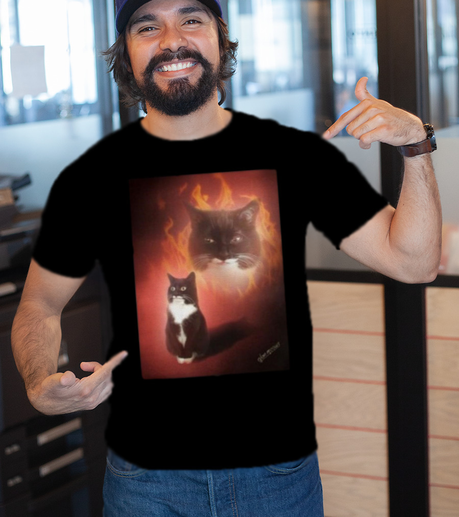 Olan Meows Black And White Cat Flames Retro Theme T-Shirt