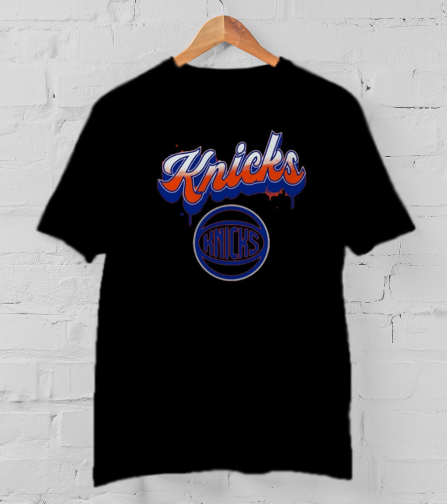 New York Knicks Orange Blue Bubbly Script Basketball Emblem T-Shirt